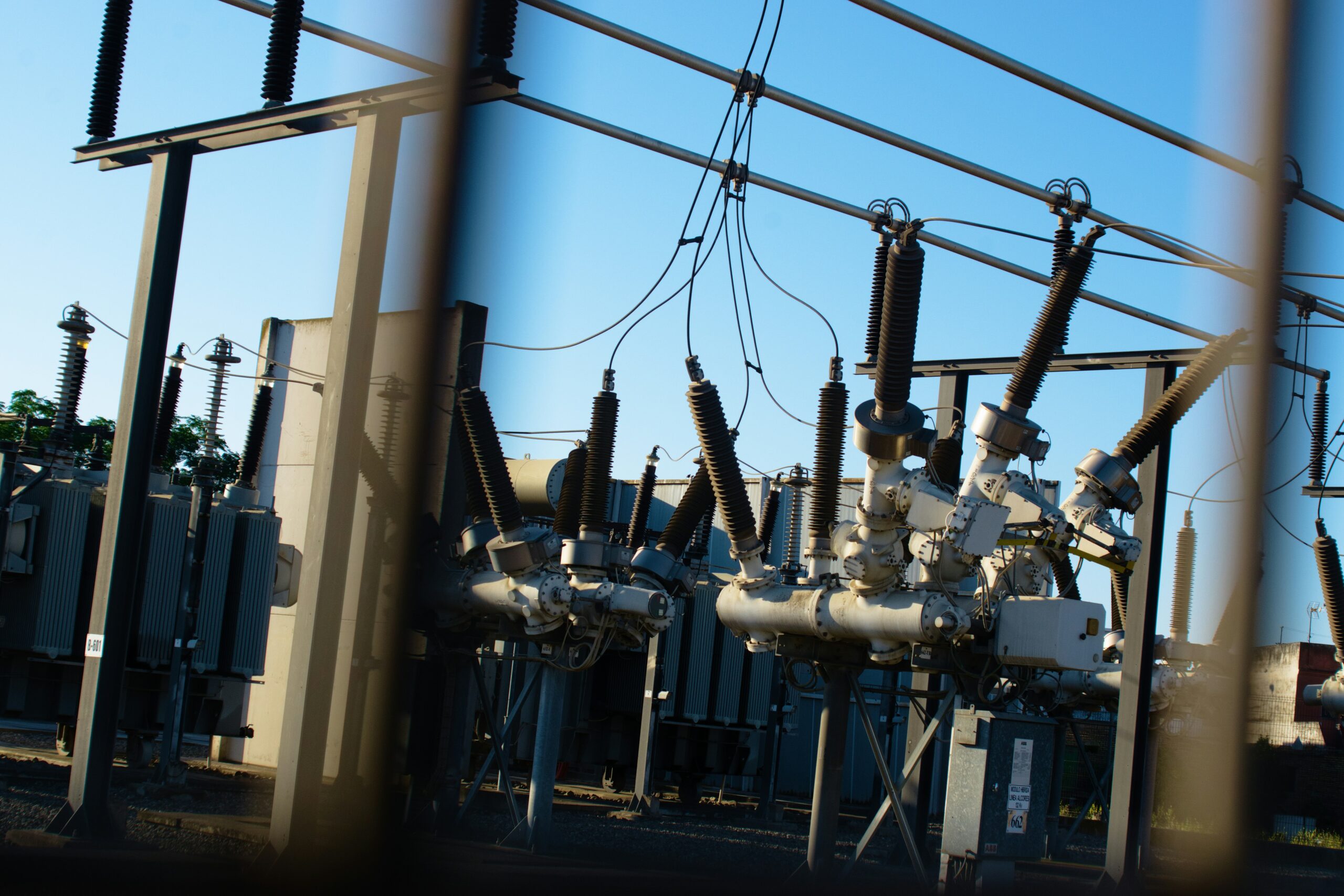 Electrical substation with high voltage transformers and power lines in the PJM grid region