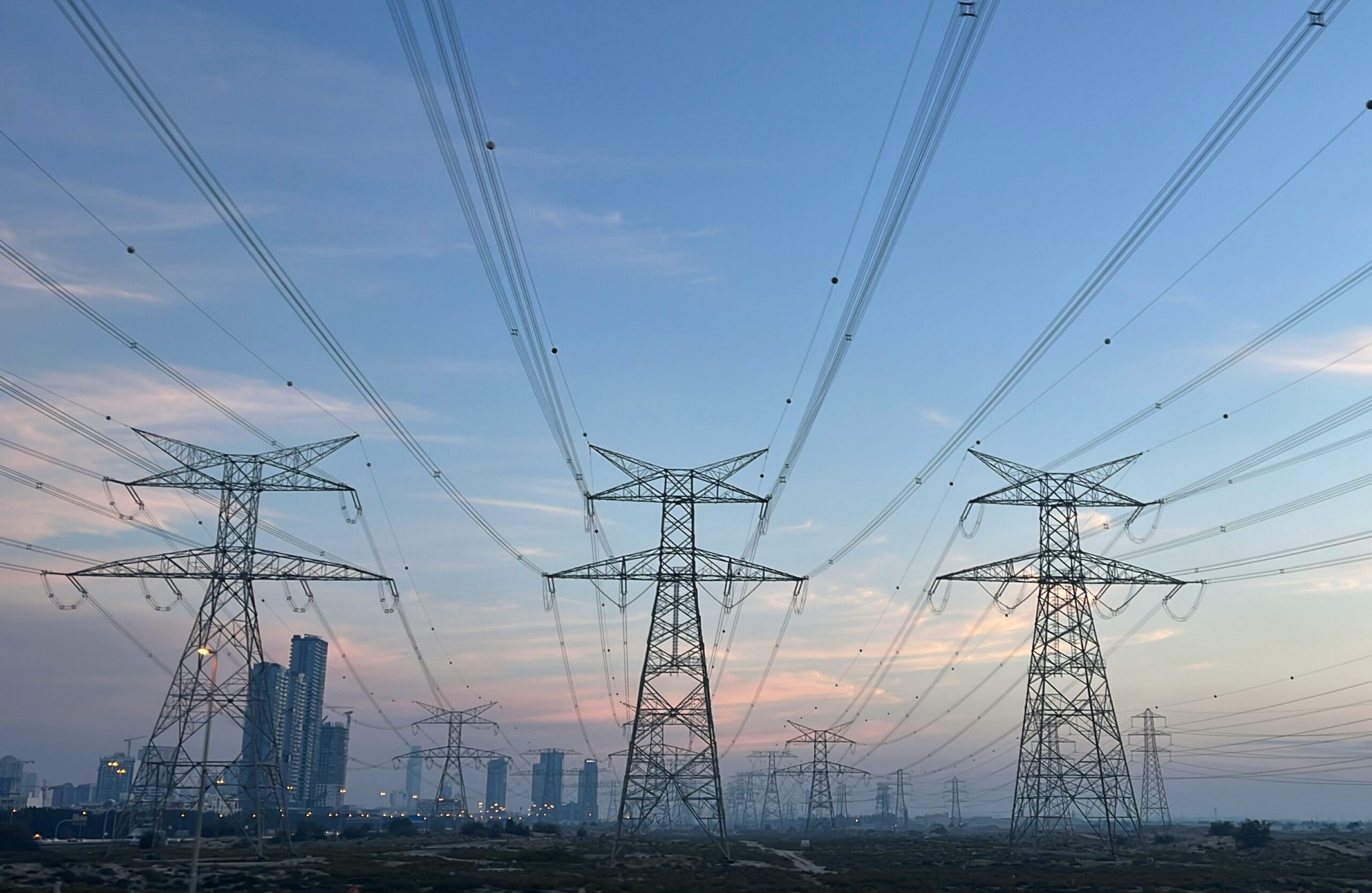 Urban power lines and electrical grid infrastructure in a commercial area